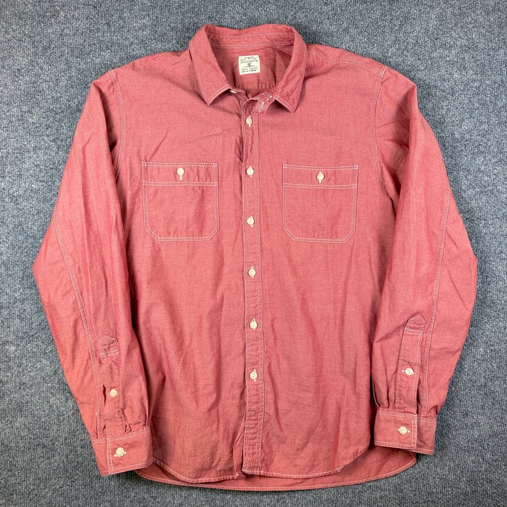 J Crew Chambray Shirt Mens L Pastel Red Long Sleeve Work Utility Chin Strap - Picture 2 of 10